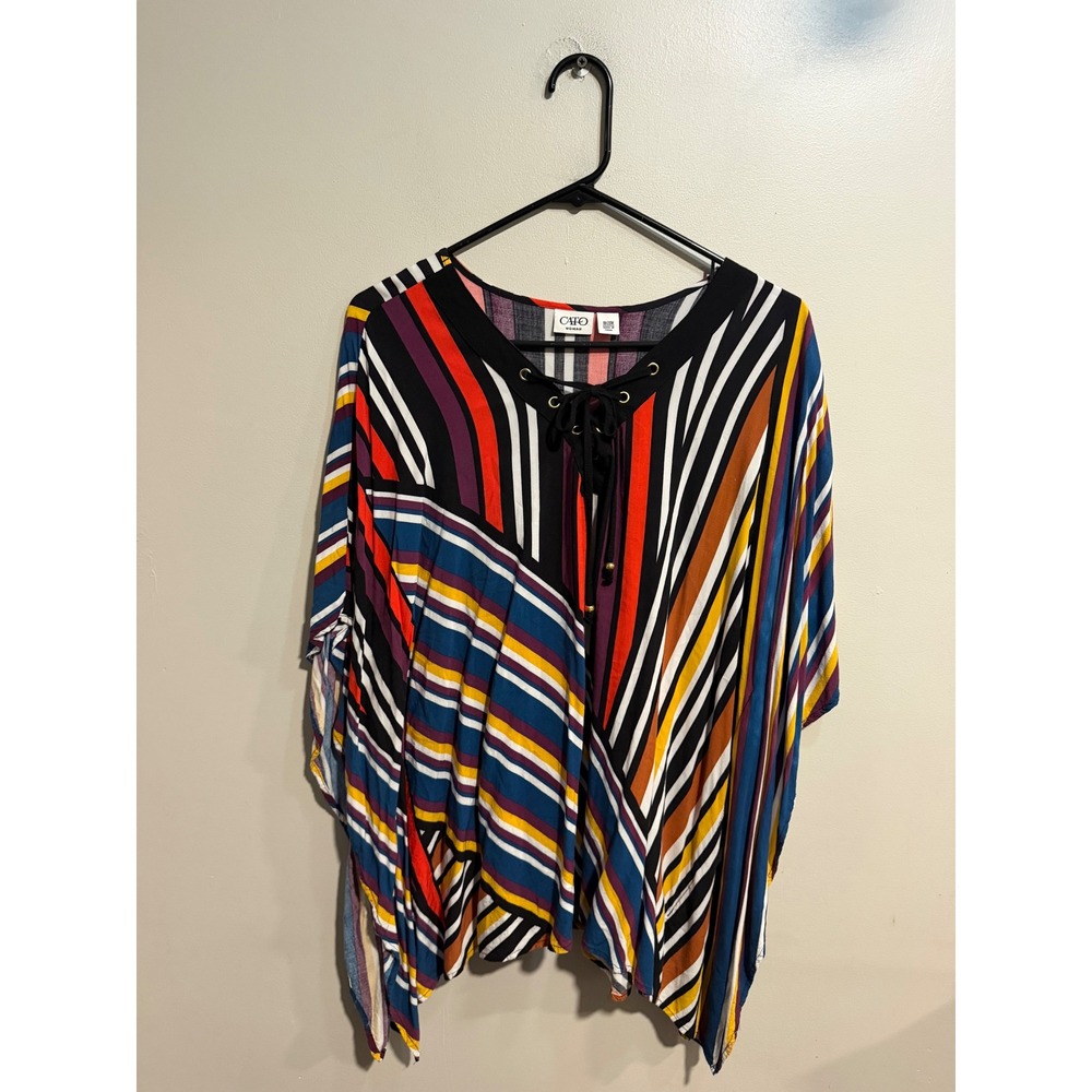 Cato Woman Striped Poncho Top Multi Color Lace Up Neck Rayon Blouse 18/20W
